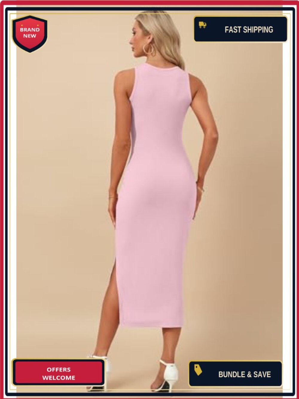 Sleeveless Bodycon Midi Dress Women Ribbed Knit Stretchy Side Slit - Picture 3 of 6